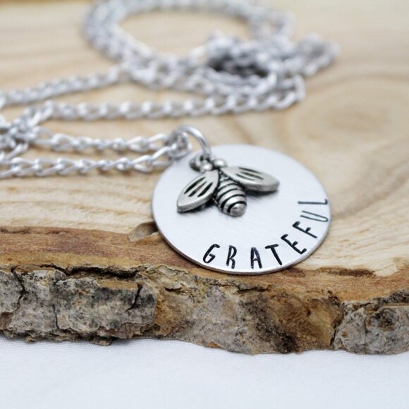 Bee Grateful - Hand Stamped Bee Necklace - Handmade & Hypoallergenic - Picture 6 of 6